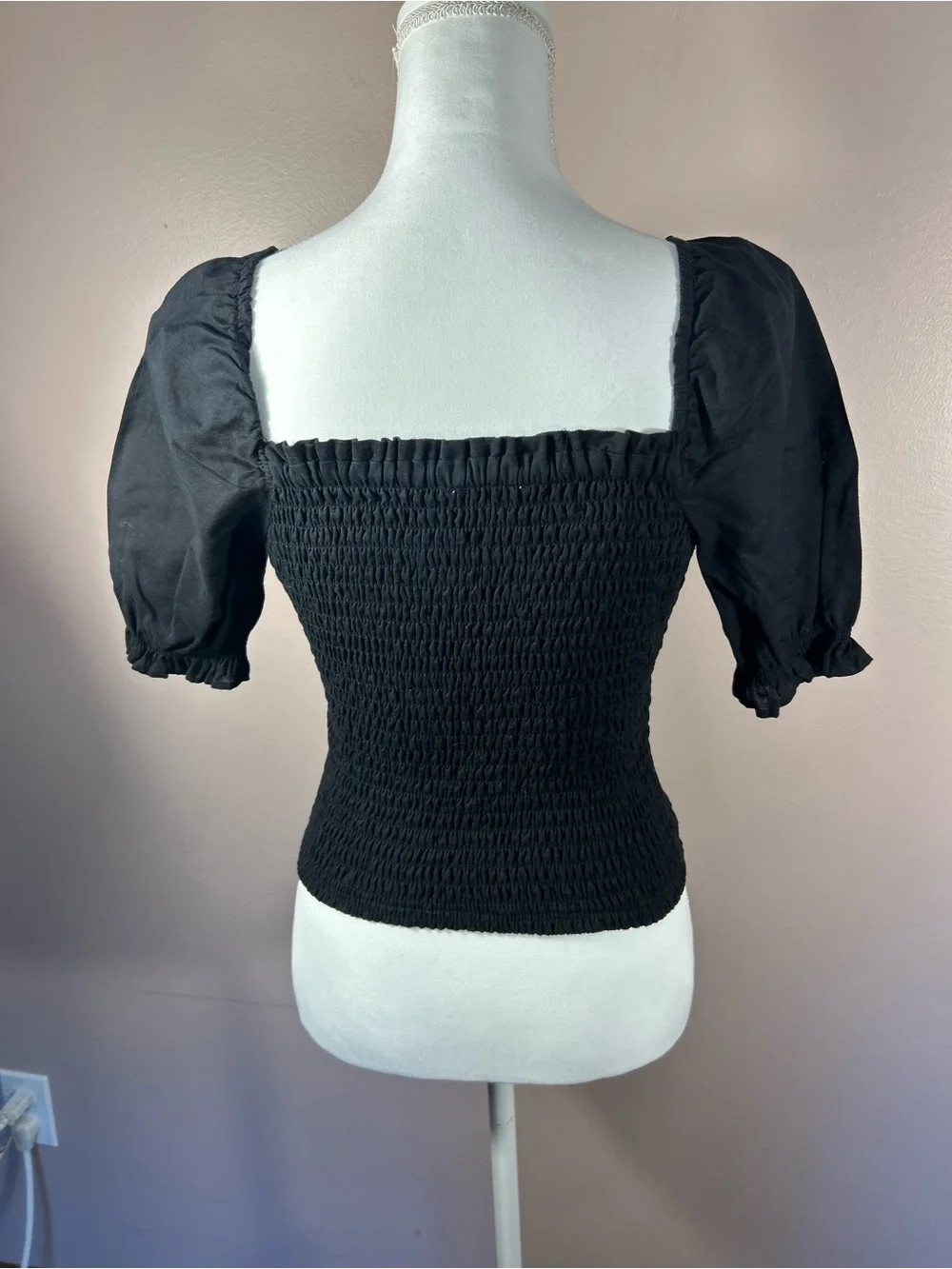 Abercrombie & Fitch Black Smocked Square Neck Puff Sleeve Top